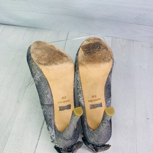Badgley Mischka Sliver Peep Toe Bow Back Slip On Evening Party Dress Shoes Sz 8 - Picture 7 of 10